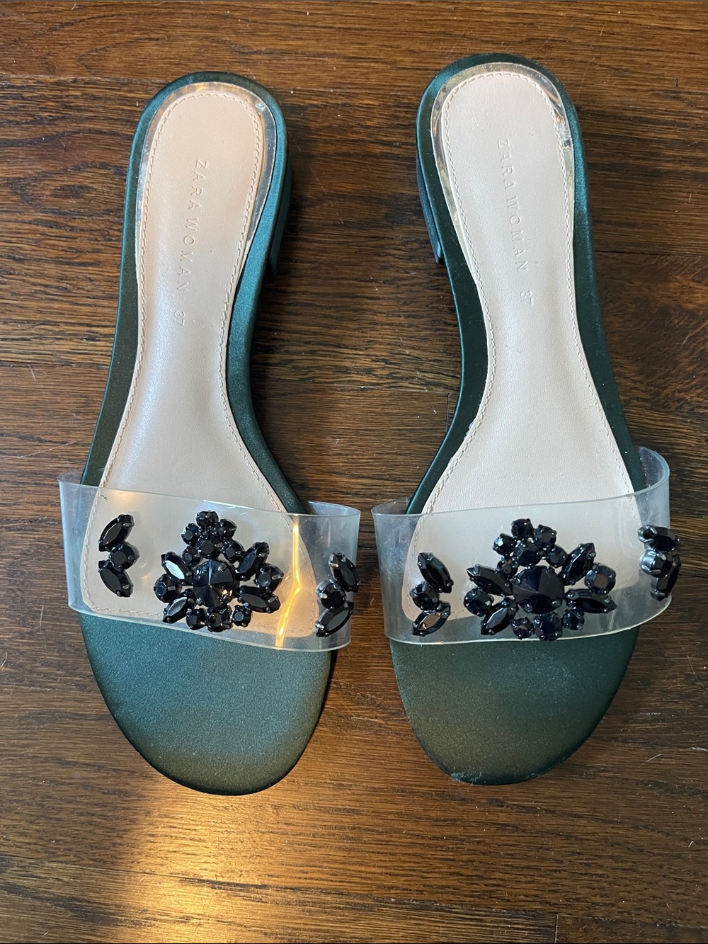 Zara Emerald Slide Sandals with Clear Jeweled Strap